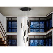 Schuller Varas Cluster Drop Ultra Slim 14 luci Sospensione dimmerabile 3 metri Max Hanging Light, oro e nero opaco con telecomando
