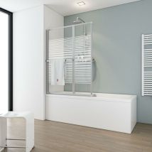 Parete per vasca da bagno, sopravasca, pieghevole, 3 mm vetro di sicurezza strice trasversali, colore profilo alluminio naturale, 109 x 140 cm