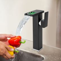 Schwarzes Bad Gefäß Wasserhahn Led Licht 3 Farbe Wechselnde Wasserfall Einhandbedienung Ein Loch Schüssel Waschbecken Wasserhahn Eitelkeit Lavatory 