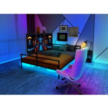 Schwarzes Gaming-bett Mit Verstellbarer Halterung, Led-beleuchtung Und Unterbett-aufbewahrungskörben. Großes Metallbett Mit Einer Länge.