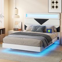 Schwebebett 160 X 200 Cm, Verstellbares Kopfteil Mit Musteroptik, Led-lichtleiste Mit Fernbedienung, Zwei Usb-ladeanschlüsse, Lattenrost - Weiß