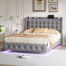 Schwebendes Doppelbett 160 X 200 Cm, Gepolstertes Kopfteil Mit Usb-/usb-c-ladeanschluss Und Rgb-led-beleuchtung, Weicher Samtrahmen, Lattenrost, Grau