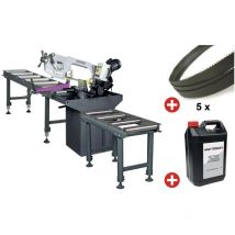 Scie à ruban pour métaux 0-60° capacité 225 mm 1,5 kW 230V y compris 2 convoyeurs 1M et 2M 5 lames de scie 1 bidon de 5L Optisaw S275NV PACK 2