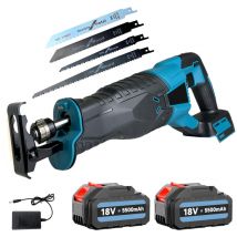Scie alternative sans fil, vitesse variable de 0 à 3 500 tr/min, lampe de travail led, tuyau en métal et bois Cutter, + 4 lames + 2 batteries 5,5 a +