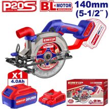 Emtop - Scie circulaire sans fil 20v lithium-ion moteur brushless avec 1 batterie 4,0 ah et 1 chargeur 6300rpm 140mm profondeur de coupe 50mm (90o)