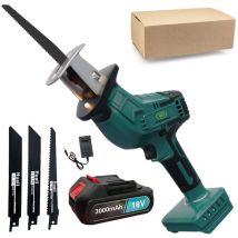 Scie sabre,Scie alternative sans fil, scie à sabre à vitesse variable, 4 lames, pour la coupe de tuyaux en PVC en métal + batterie de 3,0a+chargeur,