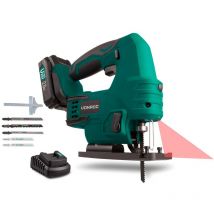 VONROC Scie sauteuse sans fil VPower 20V. 1 batterie 2.0Ah, 1 chargeur rapide, 5 lames de scie (fabriquées en Allemagne) et guide parallèle inclus