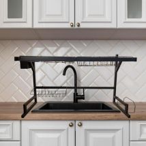 Maka - Scolapiatti da Appoggio Nero in Metallo, 65 o 85 cm, 1 o 2 Ripiani con Portabicchieri e Porta Tagliere, Organizer Cucina per Lavello, Elegante