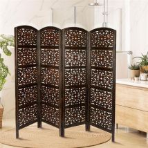 4 Panel Heavy Duty Carved Indian Screen Wooden Flower Design Screen Room Divider 183x50cm per panel, wide open 202cm [Dark Brown]