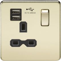 Knightsbridge - Screwless 13A 1G Switched Socket with dual usb charger (2.4A) - Polished Brass with Black Insert 230V IP20