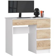 Akord - Scrivania per computer A7 Bianco 90 cm 4 cassetti inserto frontale Sonoma Quercia 90x50x77 cm Modello a destra