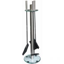 Alpertec Kamingarnitur 3-teilig Edelstahl mit Glasboden Kaminbesteck Kaminset