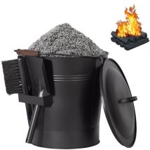 Seau à Cendres avec Couvercle, Pelle et Brosse, Seau à charbon en métal 19 Litres avec Anse pour Cheminée Intérieure et Extérieure, Foyer, Poêle à