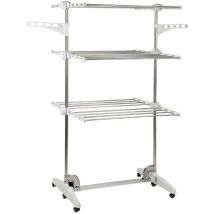 Sifree - Sechoir a linge inox etendoir pliable sur roulettes, 3 etageres, avec ailes, Pied pliable