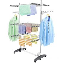 Todeco - Séchoir à Linge Pliant à 3 Niveaux, Etendoir à Linge intérieur en Acier Inoxydable, Sèche-Linge 2tendoir Pliable avec Ailes réglables en