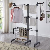 Tendoir Linge Intérieur sur 3 Niveau, Séchoir à Linge Extensible Réglable, Etendage à Linge avec Ailes (75-142.5)X64X170cm