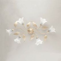 Sechs Lichter Iron Ivory Gold Deckenlampe mit weißem Alabasterglas 95x52x h20 cm
