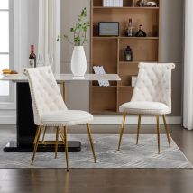 Sedie da pranzo (2pz) con gambe in metallo dorato, decorazione unghie, velluto, soggiorno/sala da pranzo, beige