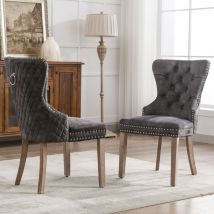 Sedie da pranzo con battente, sedia da cucina, rifiniture con borchie, velluto, gambe in legno - 2 pezzi, grigio