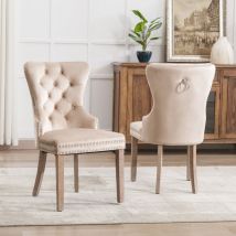 Sedie da pranzo con battente, sedia da cucina, rifiniture con borchie, velluto, gambe in legno - 2 pezzi, beige
