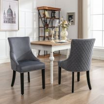 Sedie da pranzo, cucina, sedie da soggiorno, velluto, schienale con motivo a rombi, grigio scuro, gambe in legno nero, set di 2