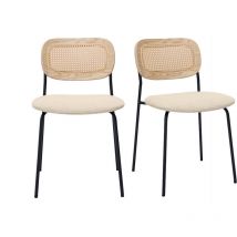 Miliboo - Sedie design in tessuto effetto velluto testurizzato beige, metallo nero e intreccio in rattan (lotto di 2) miranda