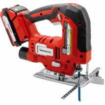 Seghetto alternativo 20V, batteria al litio 2.0Ah, 4 posizioni della lama, velocità regolabile e profondità di taglio fino a 65 mm – Greencut SRJ200L