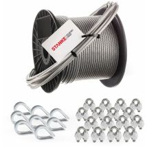 Câble d'acier inoxydable gainé (couche pvc), 100m, acier V4A, diamètre 2mm 7x7, 8x Cosse-cèur en acier V4A, 16x Serre-câble è étrier en acier V4A