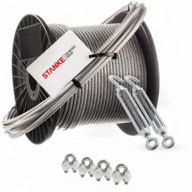 Câble d'acier inoxydable gainé (couche pvc), 50m, acier V4A, diamètre 3mm 7x7, 2x Tendeur M6 èil-Crochet en acier galvanisé, 4x Serre-câble è étrier