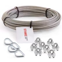 Câble d'acier inoxydable V4A, 10m, diamètre 5mm 7x19, 4x Cosse-cèur V4A, 8x Serre-câble è étrier V4A - set 2 - Seilwerk Stanke