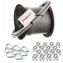 Seilwerk Stanke - Câble d'acier inoxydable gainé (couche pvc), 200m, acier V4A, diamètre 2mm 7x7, 8x Cosse-cèur en acier V4A, 16x Serre-câble è