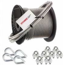 Câble d'acier inoxydable gainé (couche pvc), 5m, acier V4A, diamètre 3,5mm 7x7, 4x Cosse-cèur en acier V4A, 8x Serre-câble è étrier en acier V4A