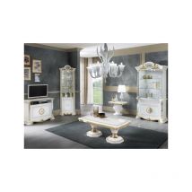 Séjour complet Blanc/Or à led - adele - Table basse : l 130 x l 70 x h 44 Meuble tv : l 106 x l 48 x h 78 cm Vitrine d'angle : l 64 x l 45 x h 207 cm