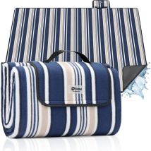 Sekey Picknickdecke Xxl, Fleece Stranddecke, Wärmeisoliert, Wasserdicht, Mit Tragegriff, 300x200 Cm, Blau-weiß Gestreift
