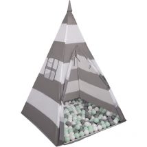 Selonis - Tenda Indiana Tipi Gioco Per Bambini Con 200 Palline Colorate, Righe Grigio-Bianco:Bianco/Grigio/Menta