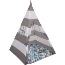 Selonis - Tenda Indiana Tipi Gioco Per Bambini Con 200 Palline Colorate, Righe Grigio-Bianco:Perla/Grigio/Trasp/Azzur/Menta