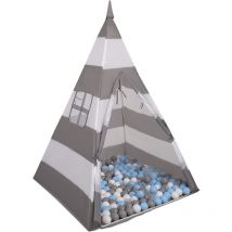 Selonis Tenda Indiana Tipi Gioco Per Bambini Con 200 Palline Colorate, Righe Grigio-Bianco:Grigio/Bianco/Trasp/Azzurro