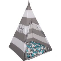 Selonis Tenda Indiana Tipi Gioco Per Bambini Con 400 Palline Colorate, Righe Grigio-Bianco:Grigio/Bianco/Turchese