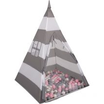 Tenda Indiana Tipi Gioco Per Bambini Con 900 Palline Colorate, Righe Grigio-Bianco:Perla/Grigio/Trasp/Rosa Chiaro - Selonis