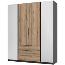 Kaja - Kleiderschrank 4-türig mit 2 Spiegeln & 3 Schubladen, 200 cm, Eiche/schwarz - Selsey