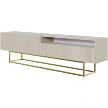 Veldio - Mueble para tv con compartimento abierto, gris beige taupe con patas de metal dorado, 175 cm - Selsey