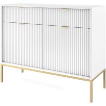 Vellore - Kommode 2-türig mit 2 Schubladen, Weiß mit geriffelten Fronten und goldenen Metallbeinen, 104 cm - Selsey
