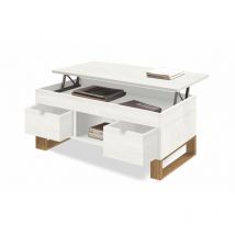 Sena, Mesa Centro Elevable Madera Maciza Natural, Combinado Color Blanco y Encerado, Medidas: 100 cm x 50 cm x 47 cm