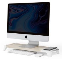 Pout EYES8 - 3-in-1-Monitorständer-Hub aus Holz mit schnellem kabellosem Ladepad, weiß