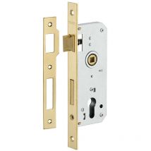 Serratura da infilare a cilindro per porta d'ingresso, asse 50 mm, 4 catenacci, piastre estremità tonde, ottone Thirard