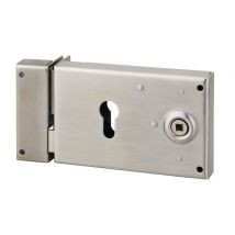 Serratura orizzontale da applicare doppio cilindro con quadro maniglia, cancello, sinistra, asse 52mm, 140x88mm, inox - THIRARD