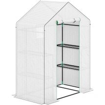 Serre de jardin 6 tablettes dim. 1,4L x 0,73l x 1,9H m porte déroulante fenêtres acier pe haute densité blanc
