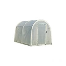 Serre tunnel Deschamps largeur 2 m pas à 1.50 m - Long 9 m, Film Plasticlair 200μ Cristal, Façade 1 porte simple et 1 façade plein