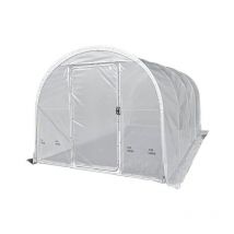 Serre tunnel Deschamps largeur 3 m pas à 1 m - Long 8 m, Film Plasticlair 200μ Cristal, Façade 1 porte simple et 1 façade pleine,