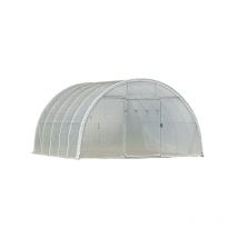 Serre tunnel Deschamps largeur 4 m - Pas à 1 m - Long 9 m, Film Plasticlair 200μ Cristal, Façade 1 porte dble et 1 façade pleine,
